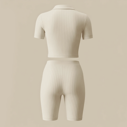 The Riviera Set – Cream Ribbed Polo & Cycling Short Co-Ord
