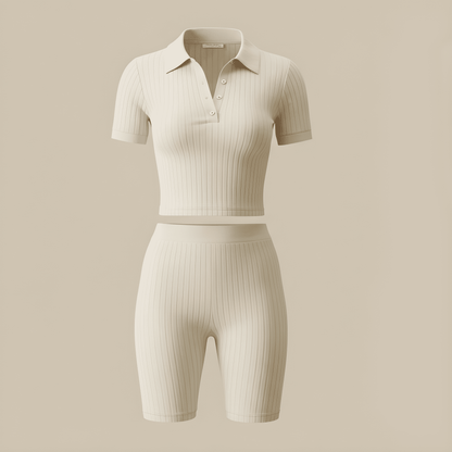 The Riviera Set – Cream Ribbed Polo & Cycling Short Co-Ord